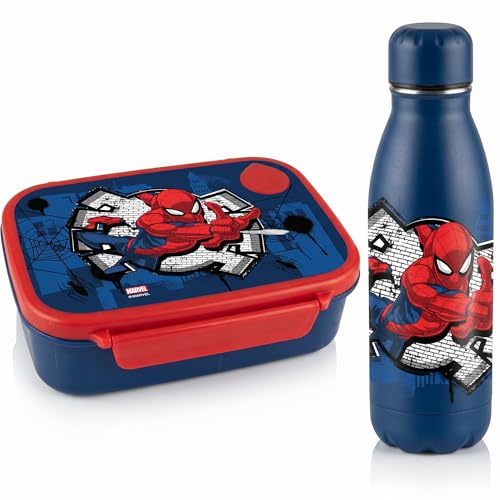 Set Diakakis Marvel Spiderman para almuerzo para niños con fiambrera y botella de aluminio - Set para almuerzo escolar sin BPA para niños y niñas, fiambrera para sándwiches de 800 ml y