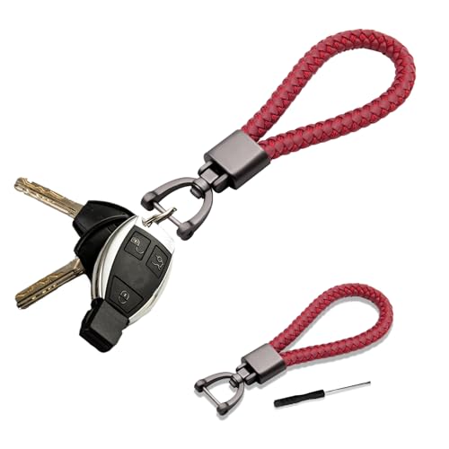 deemars Llavero para Coches de Cuero Genuino, Porta Llaves del Coche con un Anillo en d Girable de 360 Grados y un Destornill, Llave de Cadena Universal para Hombres y Mujeres (Vino tinto)