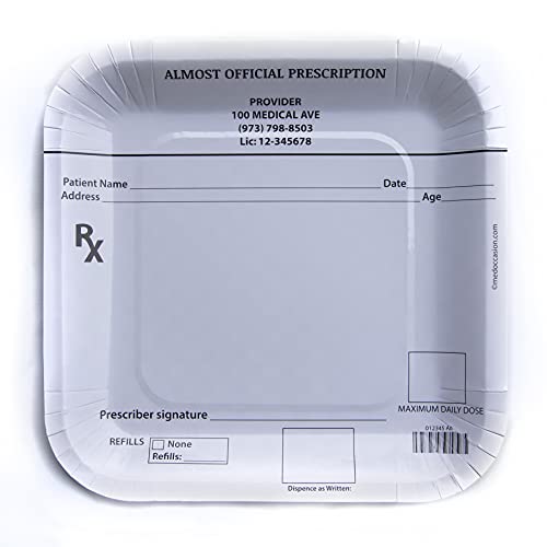 Medical Themed Party Plate, Prescription Pad Design for Doctor, Nurse, Pharmacist Event, Dinner Size 9 inches x 9 inches, White/Black