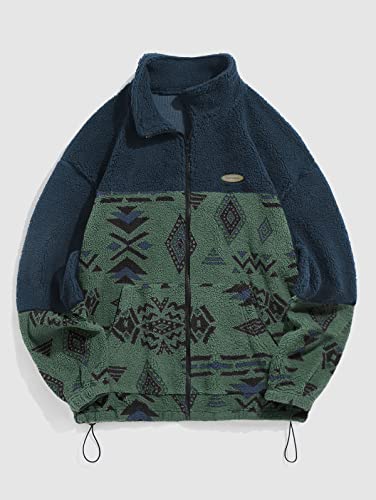 Image of ZAFUL Men Ethnic Aztec Printed Fluffy Fuzzy Jacket Plush Fleece Casual Stand Collar Zip Outwear Cardigan Coat with Pockets