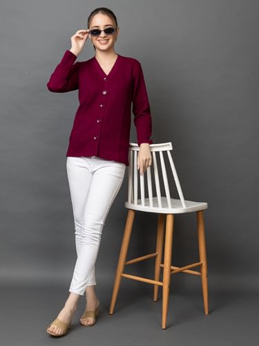 Image of Wear lusso Women's Woolen V-Neck Buttoned Full Sleeve Cardigan Self Design Soft Wool Fabric Winter Wear Pure Wool Sweater with Pockets Stylish Outdoor and Office Wear Girls