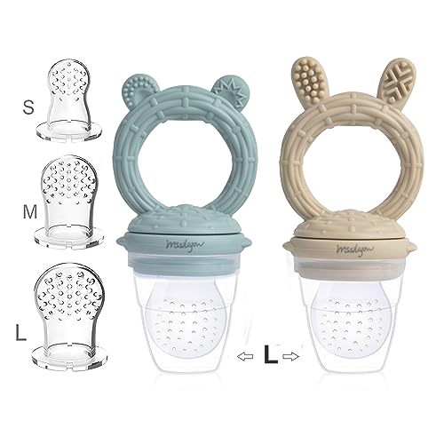 Image of Mssiliyow Baby Fresh Fruit Feeder Pacifier 2 Pack Food Grade BPA-Free Silicone Pouches and Nipples Infant Baby Teether Toy 3M+ (Green Bear & Khaki Bunny)