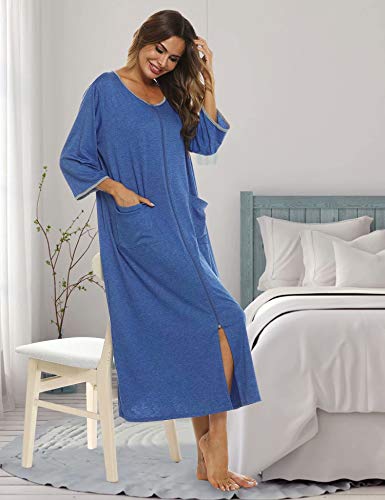 Image of Bloggerlove Zipper Front Robes for Women House Coat Half Sleeve Loungewear Long Nightgown with Pockets S-3XL