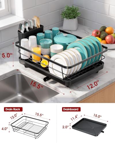 Image of Umite Chef Large Dish Drying Rack for Kitchen Counter, Black Metal Dish Drainer with Drainboard, Utensil Holder, Cup Holder, Rust Resistant Kitchen Dish Rack with Water Drain Spout for Countertop