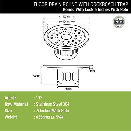 Image of LIPKA Round Floor Drain |304-Grade Stainless Steel |5 Inches| with Cockroach Trap /Jali, Lock & Hole|