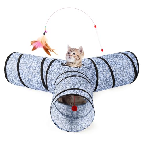 Image of Tempcore Cat Tunnel, 3-Way Collapsible Toy, Large Size Blue Coin | Large Size 3-Way Cat Tunnel Provides More Room for Cats to Run, Hide and Chase, with Peek Holes, Hanging Ball and Teaser Wand