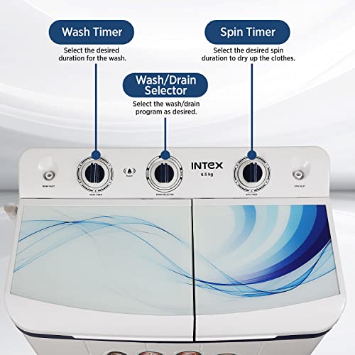 Image of Intex 6.5 KG Semi Automatic Top Loading Washing Machine with Premium Glass Lid (Wave Pulsator, Blue and White, SA65NBHG)