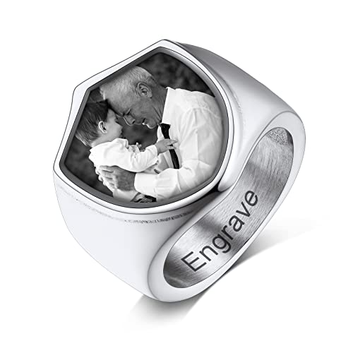 Custom4U Personalized Rings with Pictures Inside Custom Photo Ring Name Engraving Stainless Steel Signet Ring/Heart Ring Size 7-14 Customized Memorial Jewelry for Men Women (Gift Box) K-Shie