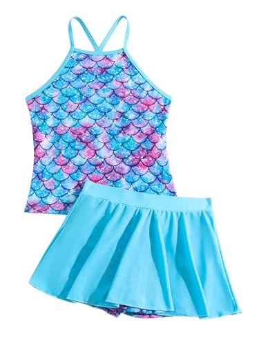 Choomomo Girl Two-Piece Swimsuit Set Adjustable Straps Top and Ruffled Skirt with Shorts Bathing Suit Blue 3-4 Years