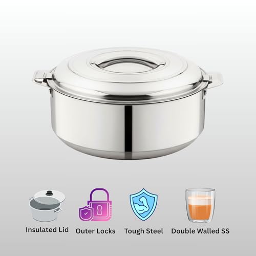 Image of Stainless Steel Double Wall Insulated Hotpot with Lid, 1 Liter Capacity, Keeps Food Hot & Fresh, Durable Heavy Duty, Ideal for Rice, Curry, Biryani, Chapati - Silver