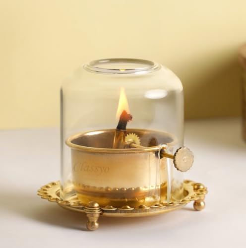 Image of Classyo Brass Akhand Diya with Adjustable Bati, with Screw Lever for Puja, Borosilicate Glass (4 inch, 180 ml Oil Capacity)