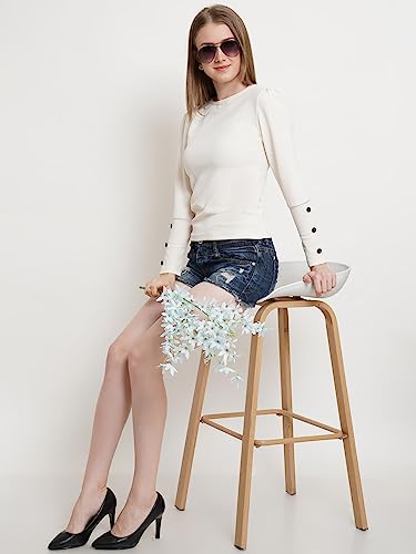 Image of POPWINGS Casual Solid Puff Button Long Sleeves Top for Women || Summer Round Neck Stylish Western Top for Jeans