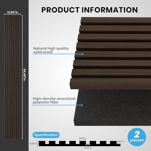 ROOMTEC 2 Pack Acoustic Solid Wood Wall Panels, 94.49” x 12.6” Soundproof Wall Panels, Wood Slat Wall Panels for Wall Decor (Smoking Walnut)