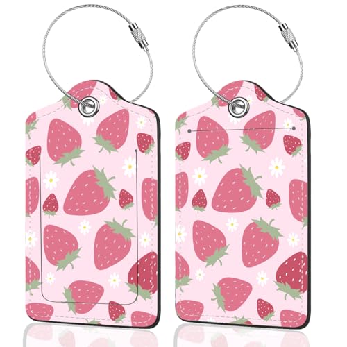 2Pack Luggage Tags for Suitcases, Cute Unique Pu Leather Cruise Luggage Tag with Privacy Cover ID Label Address Card and Metal Ring Suitable for Women Men Kids Travel Bag Pink Strawberry