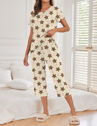 Image of Ekouaer 2 Pack Womens Pajamas Sets Short Sleeve Tops and Capri Pants Pjs Colorful Printed Sleepwear Sets