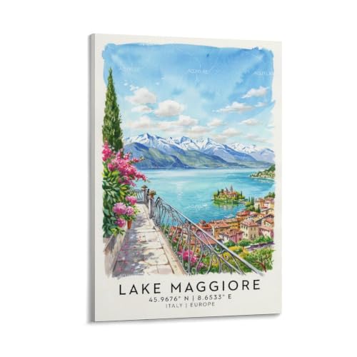 Poster de voyage aquarelle sur le lac Majeur impression paysage urbain