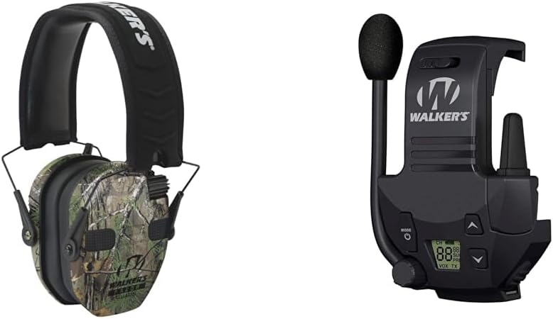 Walker's Razor Slim 23Db Quad Muff Bundle With Razor Walkie Talkie Attachment for Shooting Muffs, 22 Channel 3 Mile Range