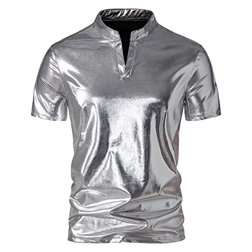T-shirt d'été à manches courtes 2026 pour hommes col décontracté mode homme boîte de nuit t-shirt lumineux, argenté, M
