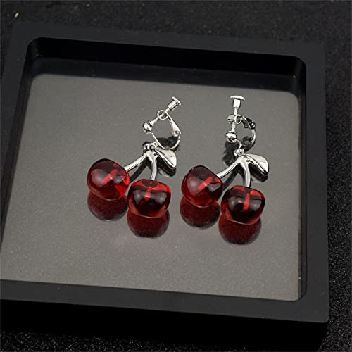 Cherry Fruit Statement Drop Dangle Clip On Earrings for Women Girls Stainless Steel Hypoallergenic No Piercing Ear Cuff Wrap Creative Red Acrylic Lightweight Charms Dangling Jewelry Gifts4