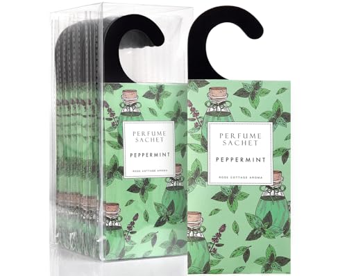 ROSE COTTAGE Large 12 Packs Peppermint Hanging Scented Sachets | Long-Lasting Closet Deodorizer Air Freshener for Car Drawer | Home Fragrance Gift for Housewarming Birthdays Mothers Day