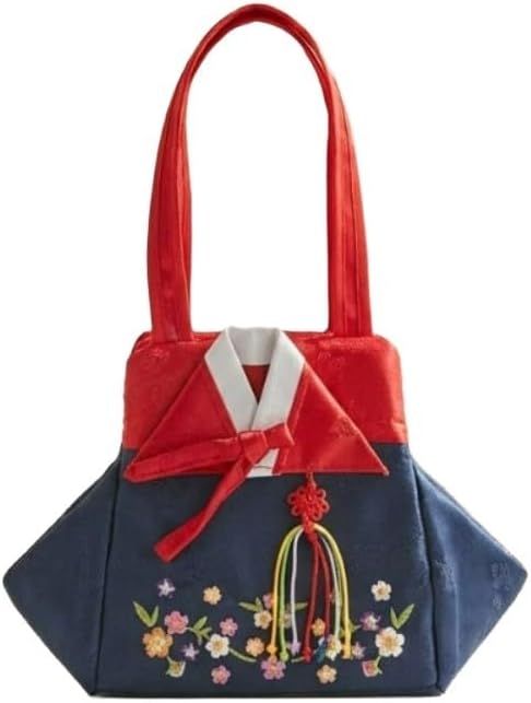Gongdan(Satin) Korean Tote Bag Inspired Hanbok, Cute Mini Handbag for Girls & Women, Korean Gift Bag, K Culture Coin Pouch, Multi Color, 9.84 x 11.81 Inch (red/navy) image 2