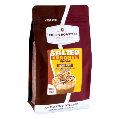 Fresh Roasted Coffee, Salted Caramel Mocha Flavored Whole Bean Coffee, Medium Roast, Kosher, 12 oz