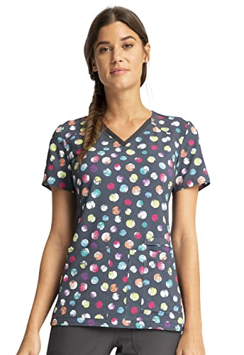 Cherokee Scrub for Women V-Neck Top Traditional fit with Dolman Sleeve and Fade Resistant Fabric - CK636, S, Playful Dots
