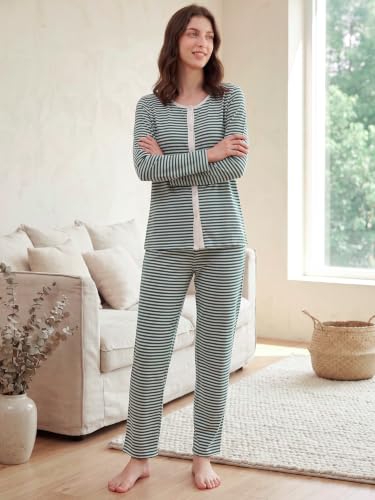 Image of Latuza Women's Petite Cotton Pajama Set Striped Button Down Pjs