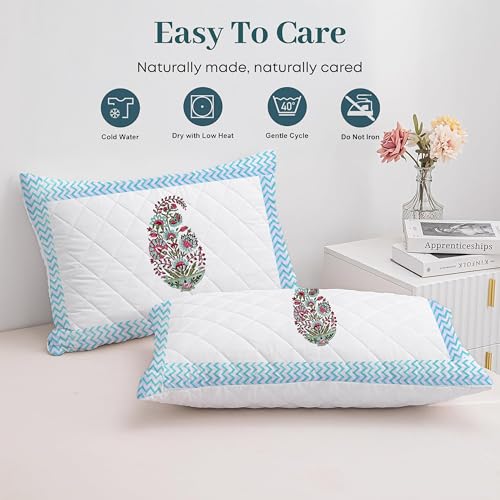 Image of LINENWALAS Block Printed Cotton Quilted Pillow Cover - Set of 4 | Ultra-Soft, Cooling & Breathable | Skin & Hair Friendly|Zipper Closure |Sweat-Absorbent & Hypoallergenic (18x28 Inches, Paisley Bloom)