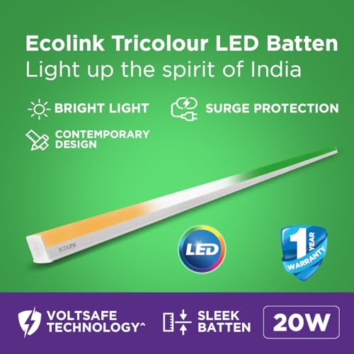 Image of EcoLink 20W Tricolour LED Batten Light | Sleek Slim LED Tube Light | Energy Efficient with Surge Protection | Ideal for Home, Office & Decorative Lighting | 3-in-1 Colour Changing, Pack of 1