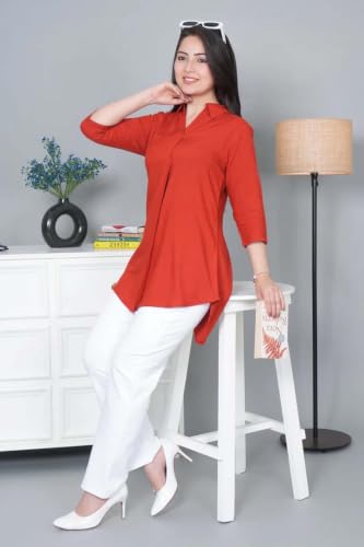 Image of Mlada Rayon Flare Top for Women | 3 /4th Sleeve Regular Fit and Flare Top | Women Office Tops Tunic | Western Long Shirt Top for Women | Shirt Collar Top for Women | Rayon Tunic Tops for Women Western