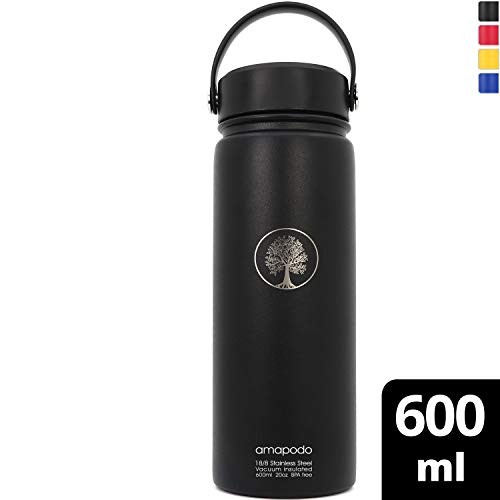 amapodo Thermo Edelstahl Trinkflasche 600ml doppelwandig ideal für Wasser Kaffee oder Tee die Thermosflasche BPA-frei (Black)