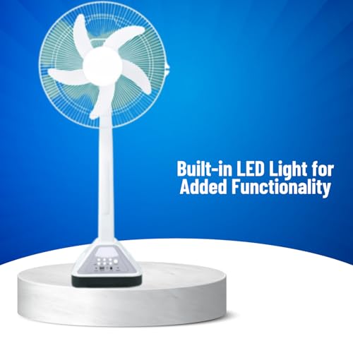 Image of Drumstone [𝟏𝟓 𝐘𝐄𝐀𝐑𝐒 𝐖𝐀𝐑𝐑𝐀𝐍𝐓𝐘 16 Inch LED Rechargeable Battery Operated Fan with Remote Control, Lead Acid Battery, 180 Rotation, 3 Speed Settings, and LED Light