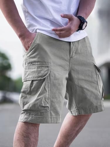 Image of Men Cotton Cargo Shorts Casual Regular Fit Knee Length Multi Pocket Utility Shorts for Travel Outdoor Summer Wear Comfortable Durable Daily Use