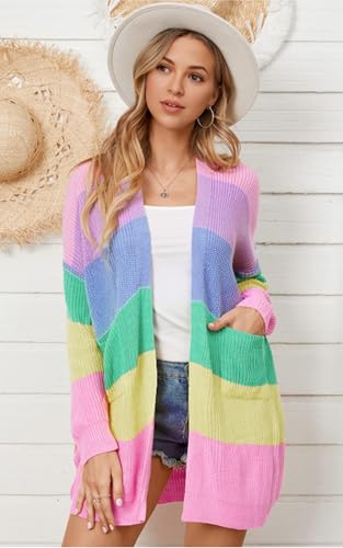 Image of ECOWISH Cardigan Sweaters for Women Fall Causal Color Block Striped Long Sleeve Open Front Cozy Knitted Coats Spring Outwear