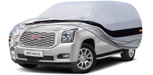 Image of Holhtly Car Cover Custom Fit for GMC Yukon XL, Car Covers for Automobiles All Weather Waterproof Sun Snow Rain Wind Dust Protection, Outdoor Car Cover Gray & Black