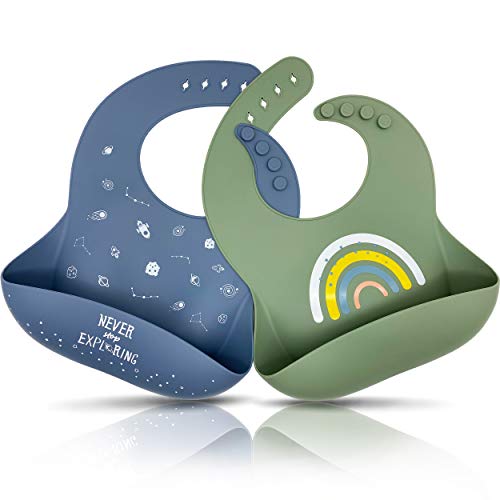 Image of Moonkie Silicone Baby Bibs Set Of 2, BPA Free Waterproof Soft Durable Adjustable Silicone Bibs for Babies & Toddlers (Tradewinds/Sage)