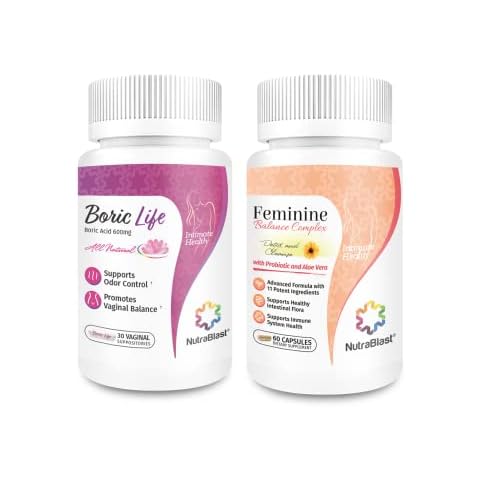 NutraBlast Boric Acid Vaginal Suppositories 600mg (30 Count) w/Feminine Balance Complex (60 Capsules) | Vaginal Detox & Cleanse | Supports Healthy Intestinal Flora & Immune System Cover