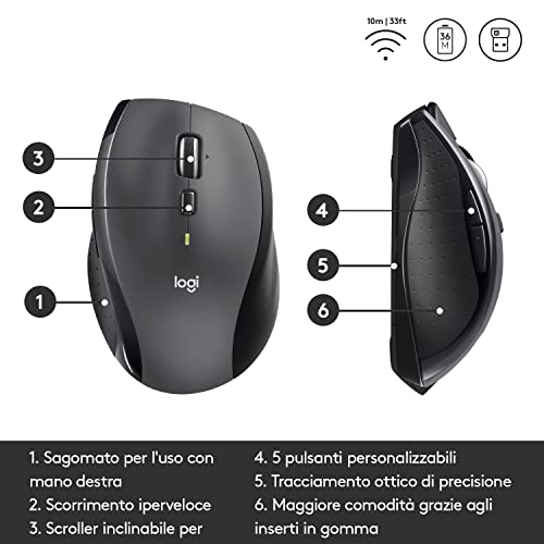 Logitech M705 Marathon Mouse Wireless, Ricevitore USB Unifying 2,4 GHz, 1000 DPI, 5 Pulsanti Programmabili, Durata Batteria di 3 Anni, Compatibile con PC, Mac, Laptop, Chromebook - Grigio