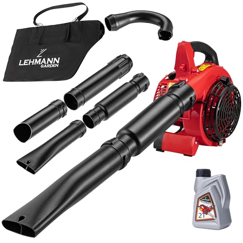 LEHMANN Laubbläser Benzin 4in1 - Laubsauger Benzin mit Häckselfunktion - Blasgeschwindigkeit 97m/s - 2-Takt Benzinlaubbläser mit Tragegurt und 50L Fangsack - 2 Blasrohre und 0,5L Spezial-Mischöl