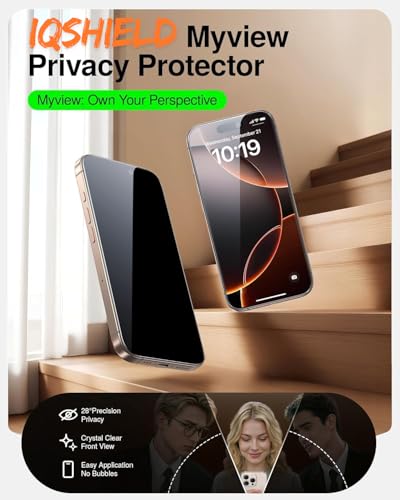 Image of IQShield My-View Privacy Screen Protector Tempered Glass Guard for iPhone 16 Pro Max, 9H Hardness, 2-Way Anti-Spy, Case Friendly [1 Pack]