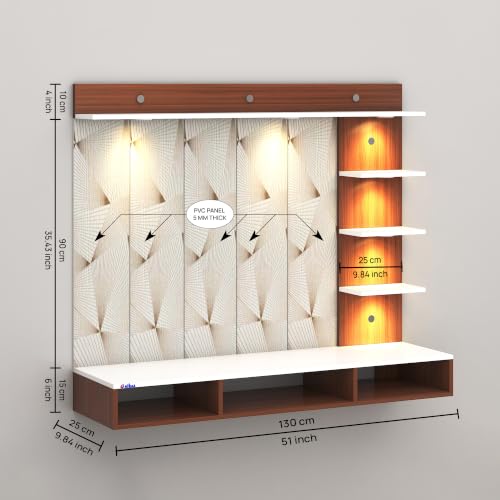 Image of Anikaa Tyron Engineered Wood Wall-Mount TV Unit with PVC Back Panel & LED Lights | TV Cabinet with Storage Box & Decorative Shelves (Walnut /White) | Ideal for TVs up to 43 Inch | DIY Installation