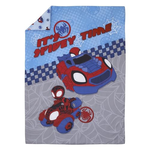 Image of NoJo Marvel Spiderman Spidey and his Amazing Friends Spidey Time Red, Blue, and Grey 4 Piece Toddler Bed Set - Comforter, Fitted Bottom Sheet, Flat Top Sheet, and Reversible Pillowcase