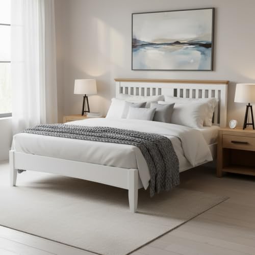 Image of APRODZ Solid Wood Without Storage Queen Size Parma Bed for Bedroom Stylish | White & Brown Finish