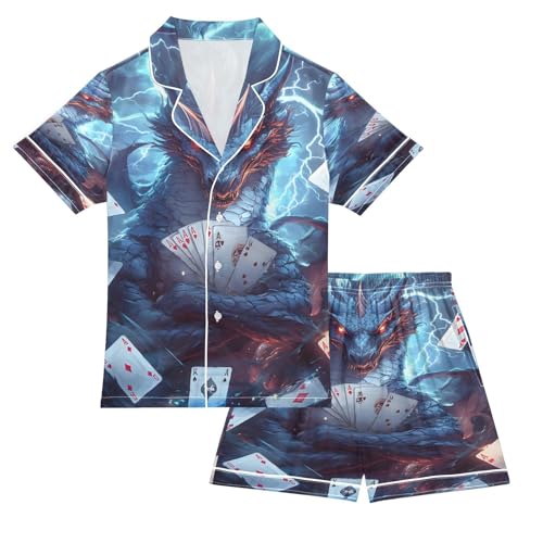 ALAZA Dragon Poker Card Satin Pajamas Set Short Sleeve Button Down Sleepwear Summer Pjs 2 Piece