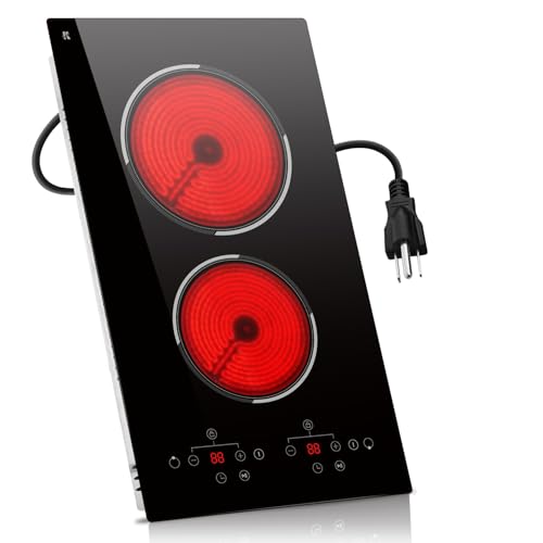 Traenvir - Cocina eléctrica de 2 quemadores, estufa eléctrica integrada de 12 pulgadas y encimera, estufa de cerámica con control táctil, bloqueo de seguridad infantil, temporizador, función de pausa,