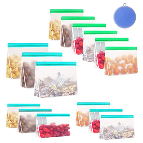 YJHome Reusable Food Storage Bags Stand Up 15 Pack Plastic Silicone Bags (3 Reusable Gallon Bags & 6 Reusable Sandwich Bags & 6 Reusable Snack Bags), Leakproof Freezer Safe FDA Food Grade Bag For Kids, Adult Lunch Accessories