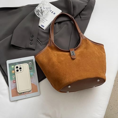 Image of Brown Suede Tote Bag for Women Trendy Hobo Bag Bucket Tote Bag Work Hobo Handbags