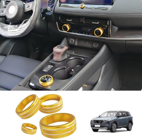 JIEOSDIN Car Accessories Interior Air Conditioner Switch & 4WD & VOL Knob Button Trim Compatible with Nissan New Rogue 2021 2022 2023 2024 (Golden) 4PCS Aluminum Alloy