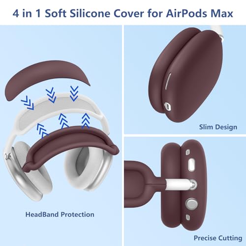 [4 in 1] Silicone Case Cover for AirPods Max USB-C (2024), Anti-Scratch Sweat-Proof Ear Pad Case Cover/Ear Cups Cover/Headband Cover Accessories Silicone Protector for AirPods Max (Burgundy)